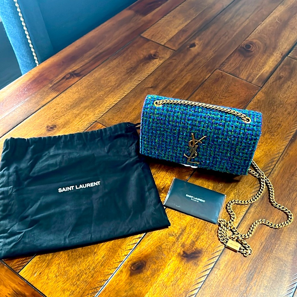 Yves Saint Lauren handbag NWOT. Tweed, jewel tone, with gold hardware.